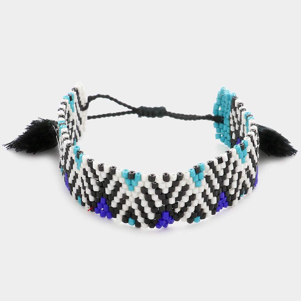 Boho Patterned Beaded Tassel Pull Tie Cinch Bracelet - Madeline Love - Flyclothing LLC