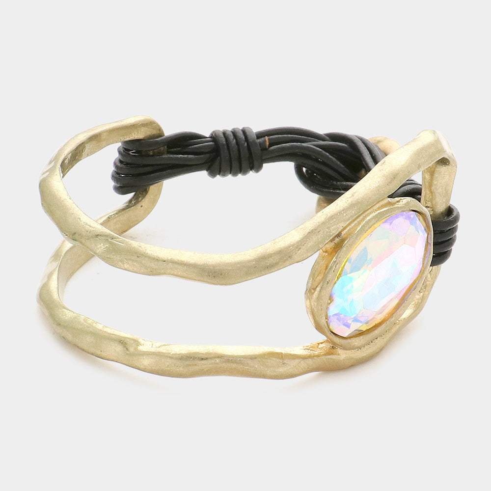 Oval Crystal Accented Hammered Metal Toggle Bracelet - Madeline Love - Flyclothing LLC