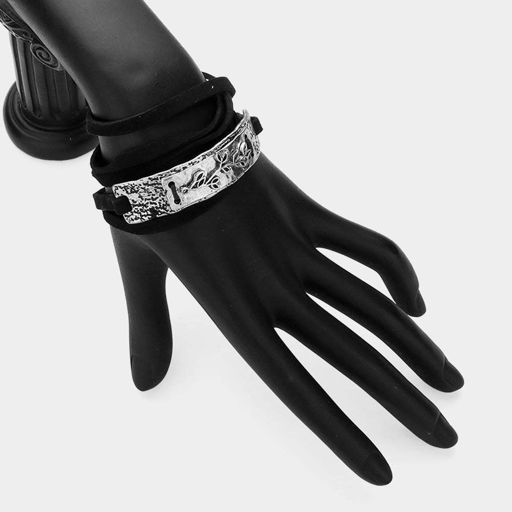 Leaf Twig Metal Bar Pointed Faux Suede Wrap Bracelet - Madeline Love - Flyclothing LLC