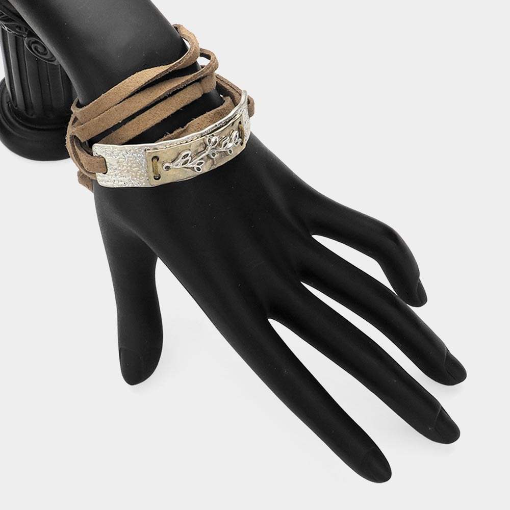 Leaf Twig Metal Bar Pointed Faux Suede Wrap Bracelet - Madeline Love - Flyclothing LLC