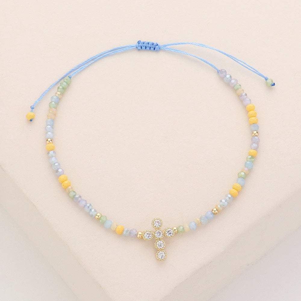 CZ Stone Pointed Cross Pendant Faceted Beaded Cinch Pull Tie Bracelet - Madeline Love - Flyclothing LLC