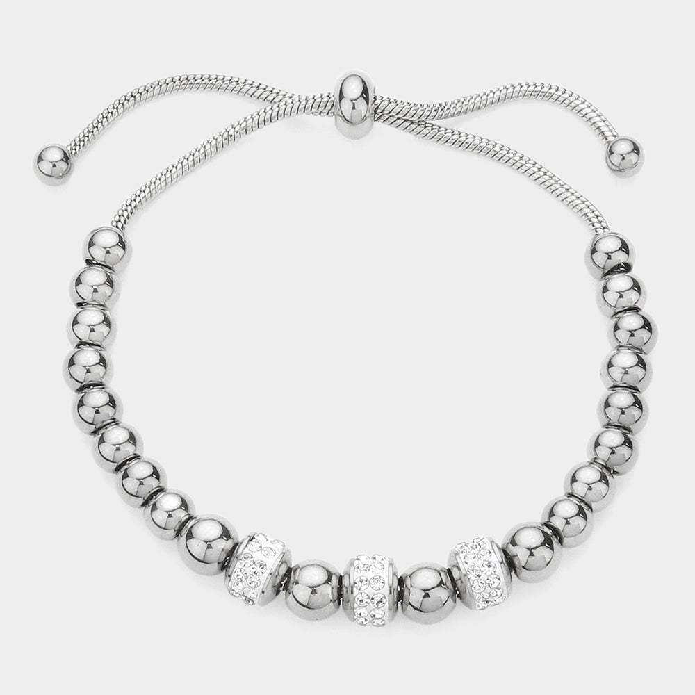 Stone Paved Bead Accented Metal Beaded Adjustable Pull Tie Bracelet - Madeline Love - Flyclothing LLC