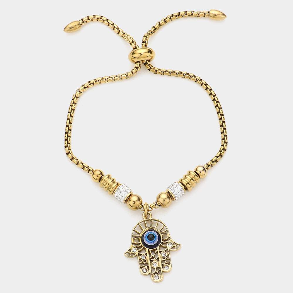 Stone Paved Evil Eye Pendant Adjustable Pull Tie Bracelet - Madeline Love - Flyclothing LLC