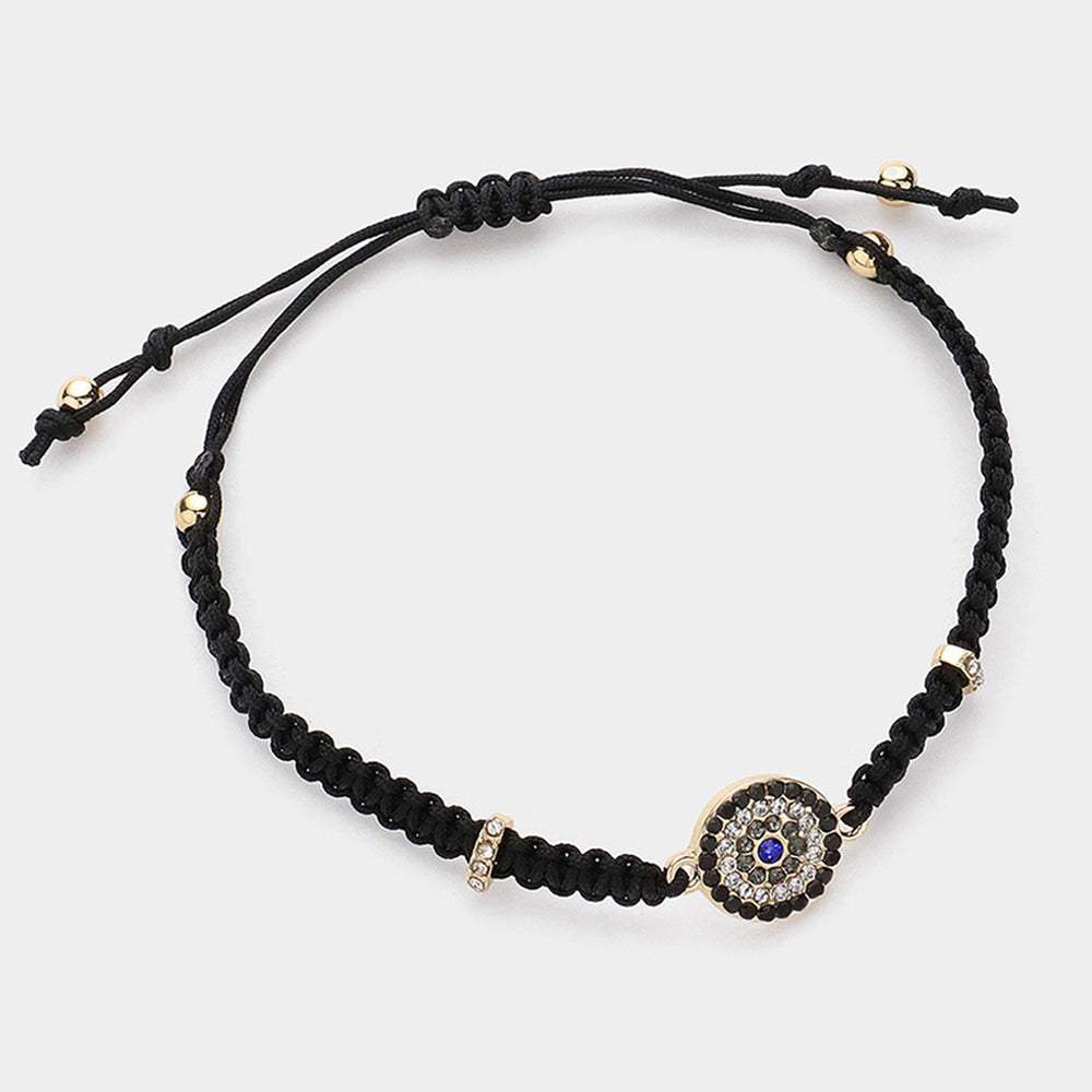 Stone Paved Evil Eye Pointed Braided Adjustable Cinch Pull Tie Bracelet - Madeline Love - Flyclothing LLC