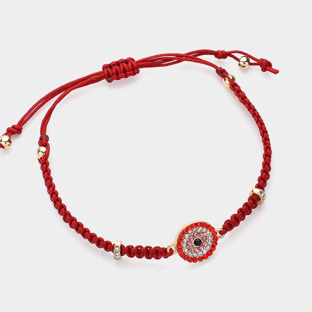 Stone Paved Evil Eye Pointed Braided Adjustable Cinch Pull Tie Bracelet - Madeline Love - Flyclothing LLC