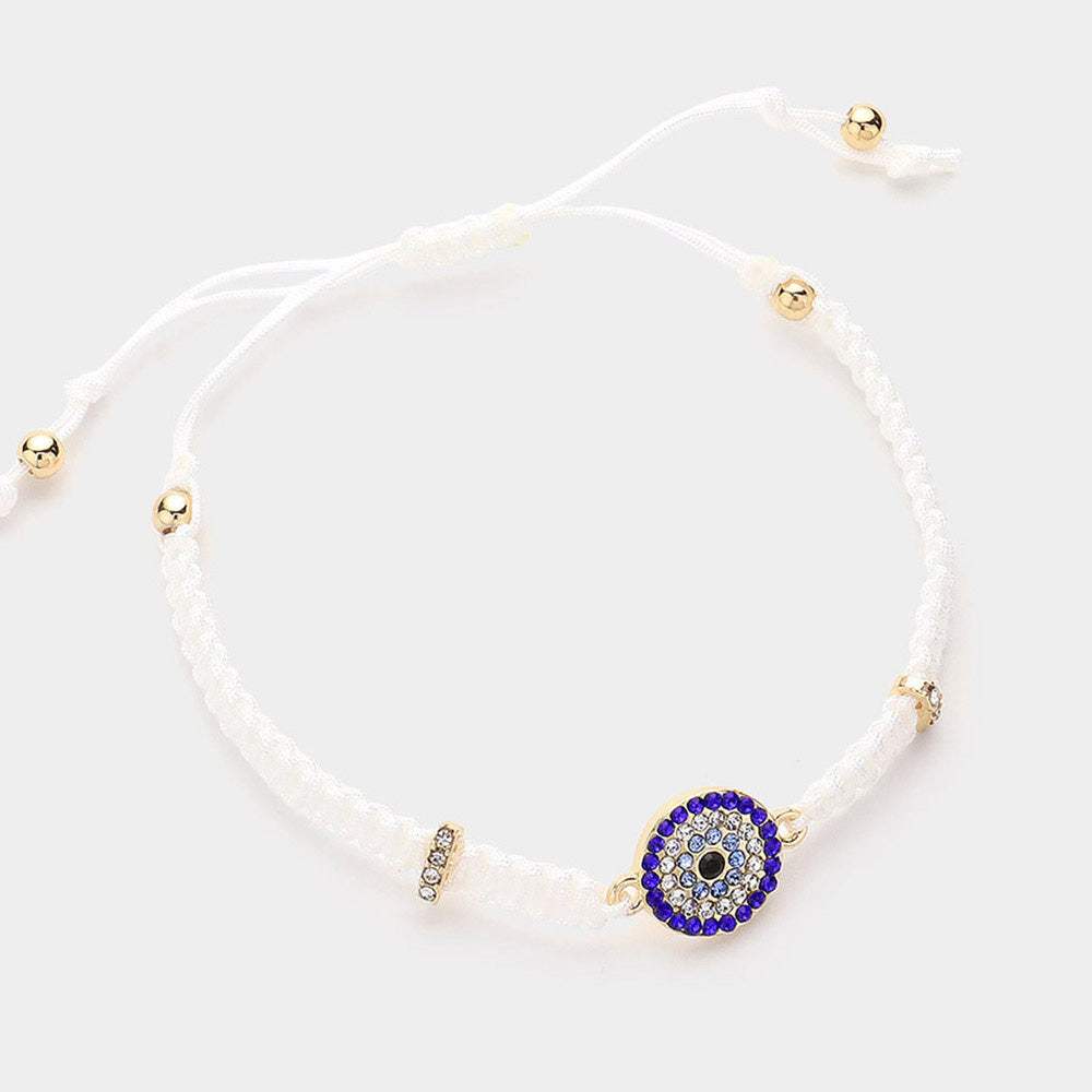 Stone Paved Evil Eye Pointed Braided Adjustable Cinch Pull Tie Bracelet - Madeline Love - Flyclothing LLC