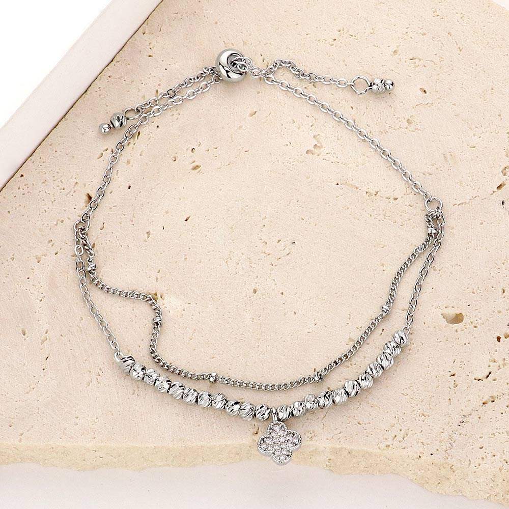 CZ Stone Paved Quatrefoil Charm Pointed Brass Metal Adjustable Pull Tie Bracelet - Madeline Love - Flyclothing LLC