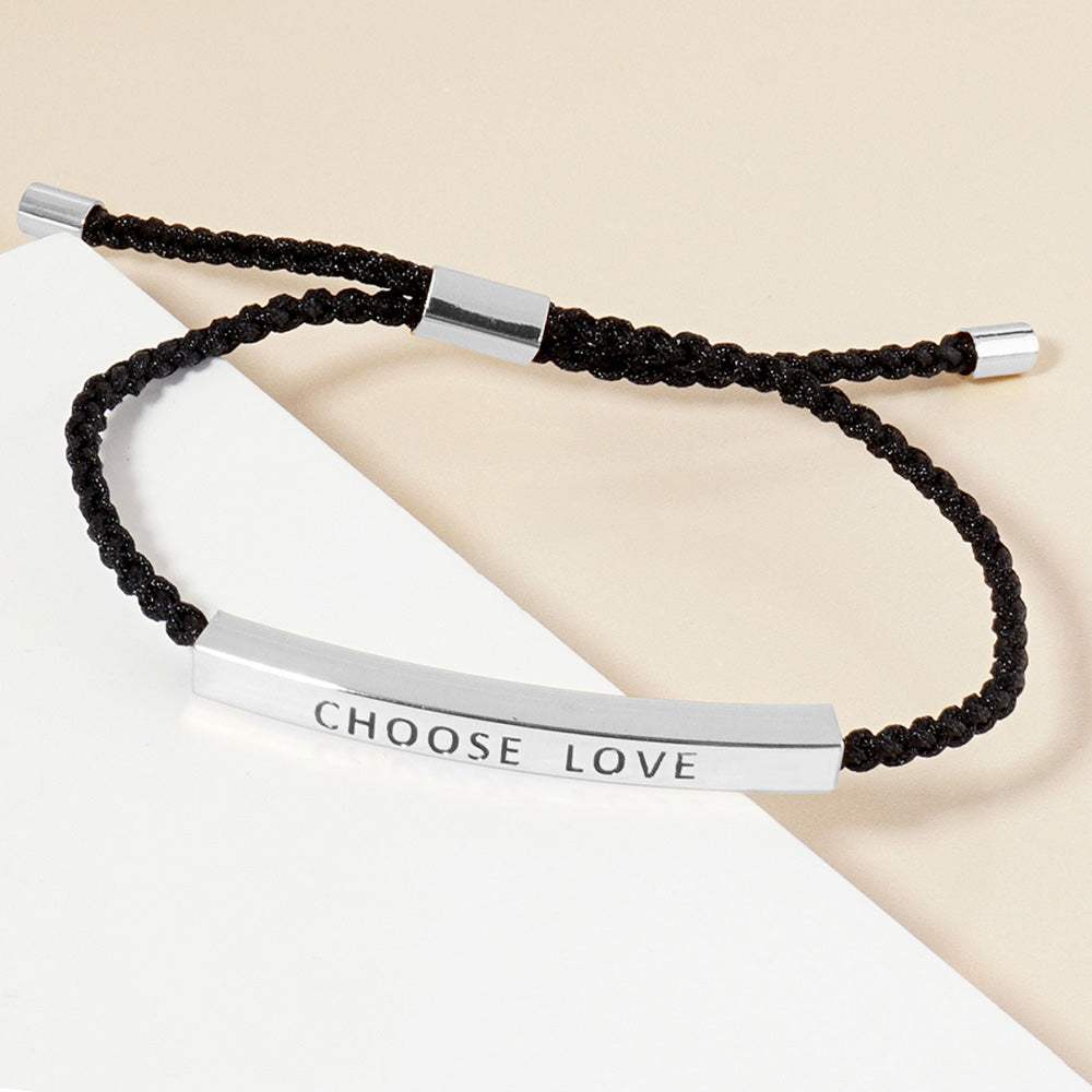 White Gold Dipped CHOOSE LOVE Message Bar Pointed Rope Adjustable Cinch Pull Tie Bracelet - Madeline Love - Flyclothing LLC
