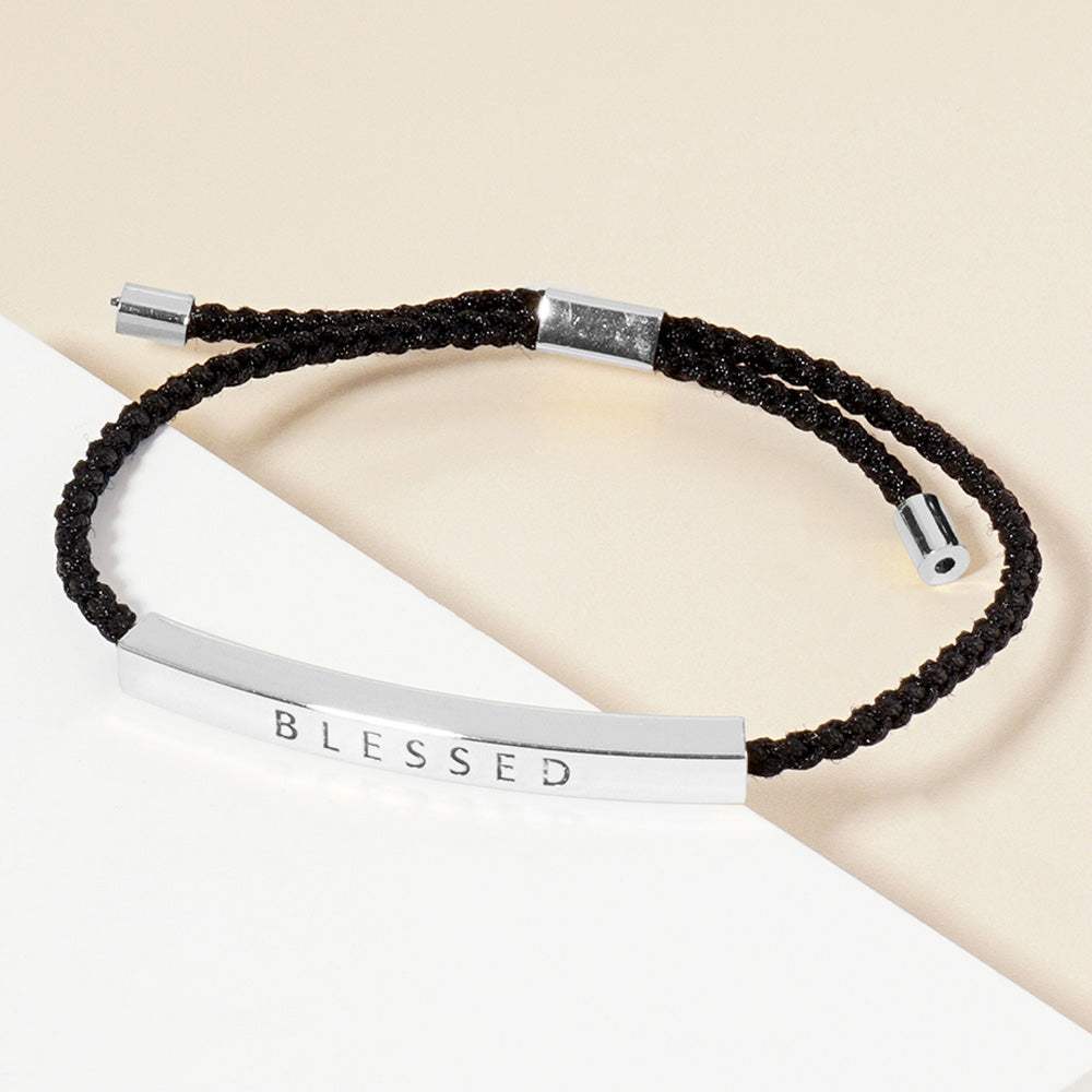 White Gold Dipped BLESSED Message Bar Pointed Rope Adjustable Cinch Pull Tie Bracelet - Madeline Love - Flyclothing LLC