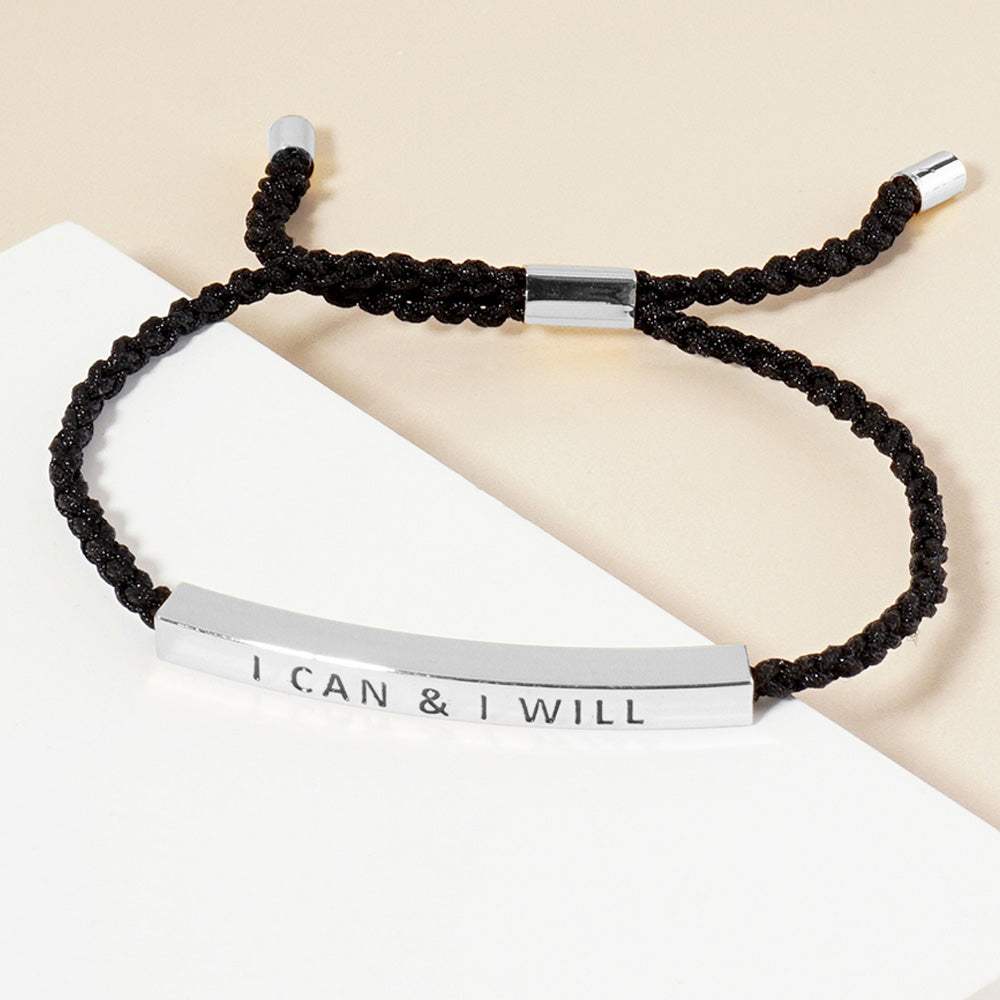 White Gold Dipped I CAN I WILL Message Bar Pointed Rope Adjustable Cinch Pull Tie Bracelet - Madeline Love - Flyclothing LLC