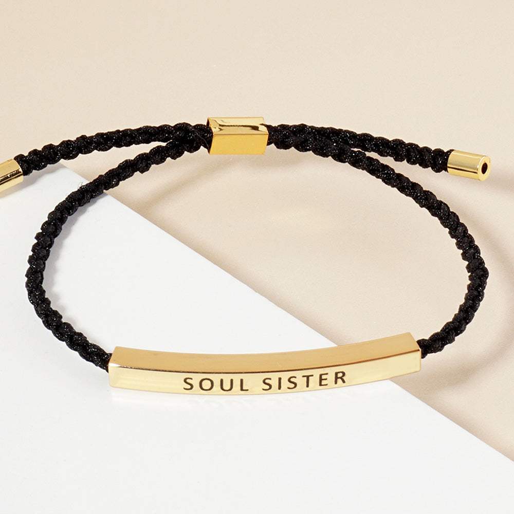Gold Dipped SOUL SISTER Message Bar Pointed Rope Adjustable Cinch Pull Tie Bracelet - Madeline Love - Flyclothing LLC