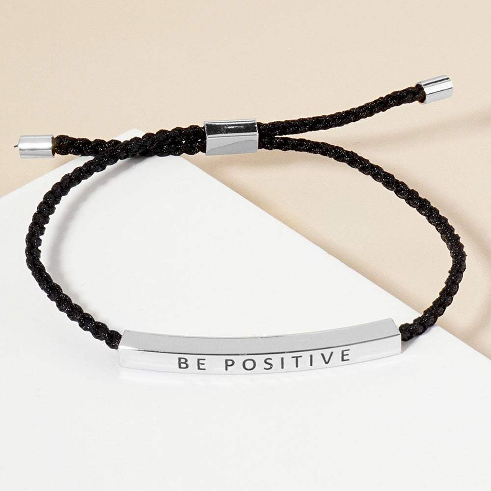 White Gold Dipped BE POSITIVE Message Bar Pointed Rope Adjustable Cinch Pull Tie Bracelet - Madeline Love - Flyclothing LLC