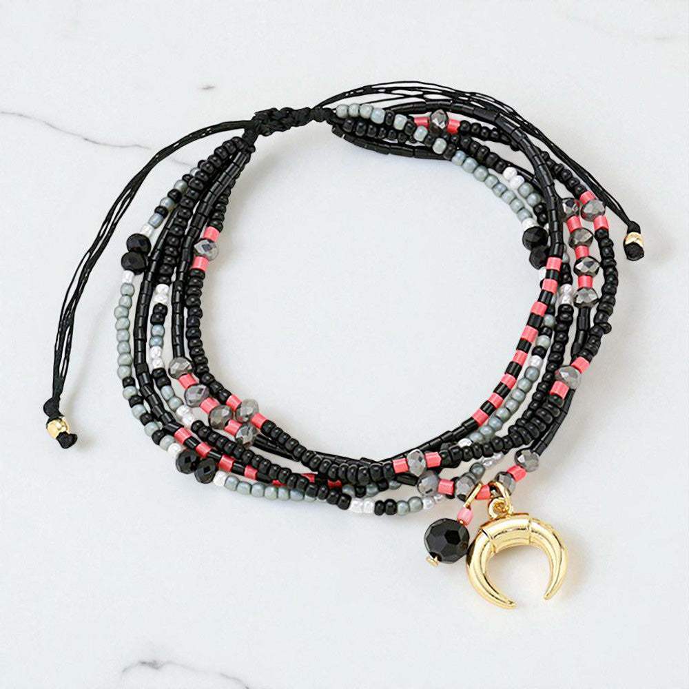 Double Horn Charm Multi-Strand Boho Beaded Adjustable Cinch Pull Tie Bracelet - Madeline Love - Flyclothing LLC