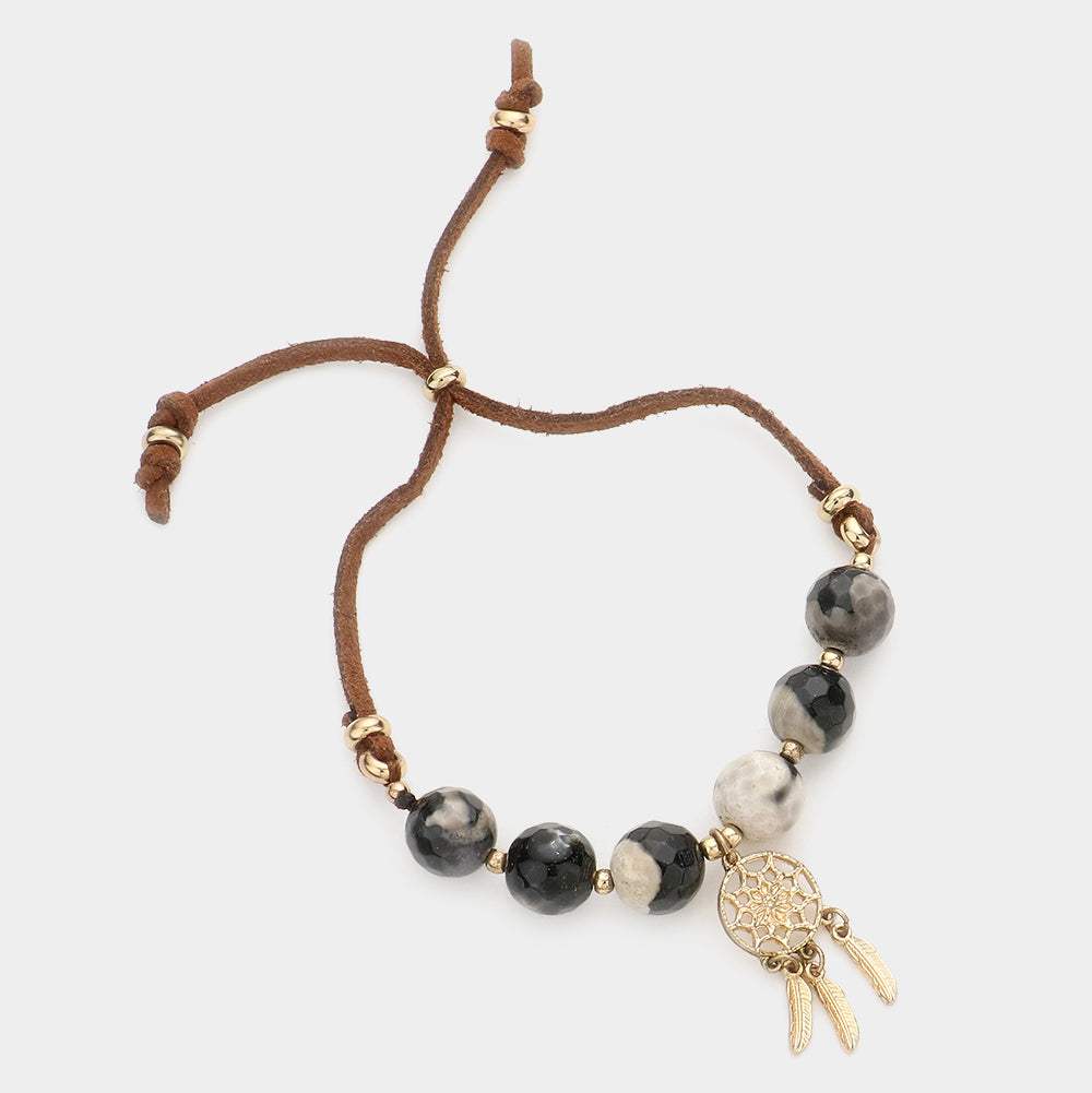 Dream Catcher Charm Semi Precious Stone Faux Suede Adjustable Pull Tie Bracelet - Madeline Love - Flyclothing LLC