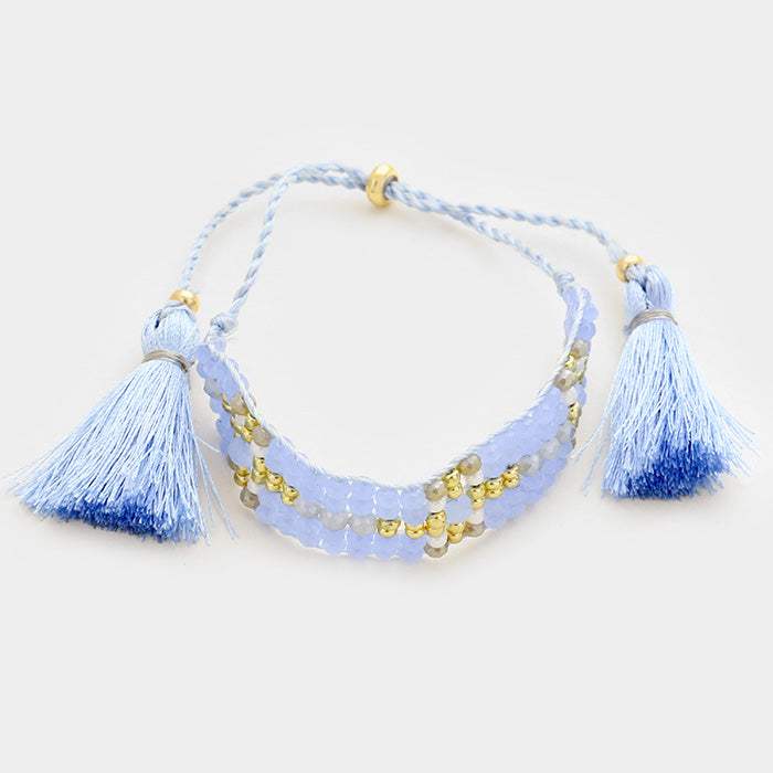 Double Tassel Beaded Adjustable Cinch Pull Tie Bracelet - Madeline Love - Flyclothing LLC