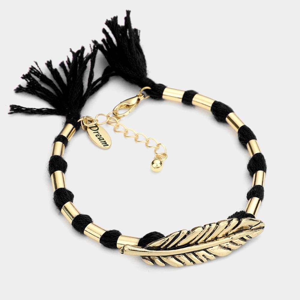 "Dream" Feather Accented Thread Tassel Bracelet - Madeline Love - Flyclothing LLC