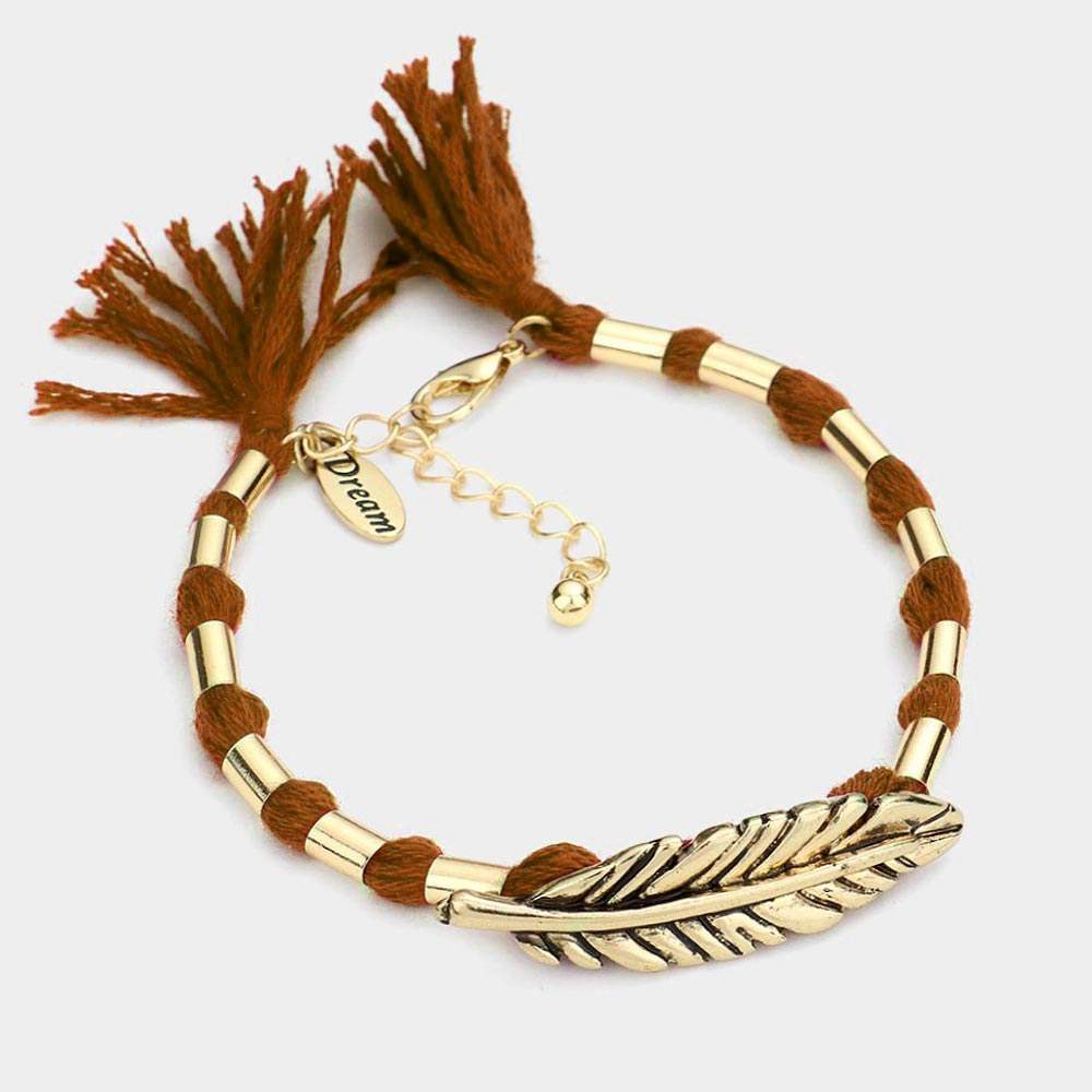 "Dream" Feather Accented Thread Tassel Bracelet - Madeline Love - Flyclothing LLC