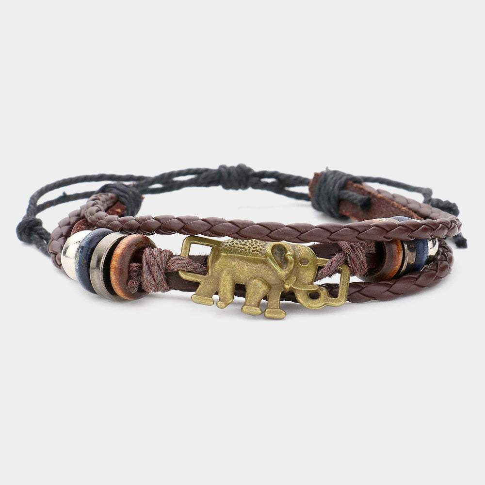 Metal Elephant Multi-Tier Faux Leather Adjustable Cinch Pull Tie Bracelet - Madeline Love - Flyclothing LLC