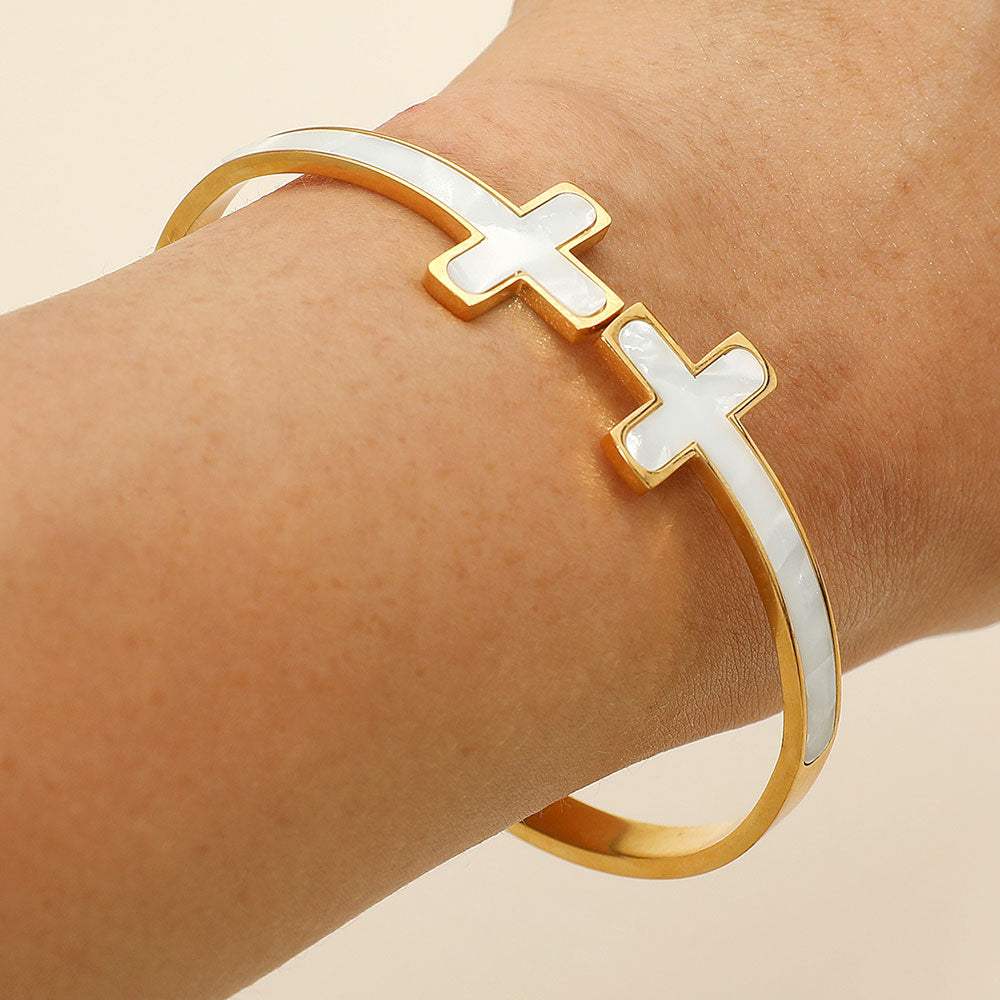Stainless Steel Mother of Pearl Double Cross Tip Hinged Bangle Bracelet - Madeline Love - Flyclothing LLC