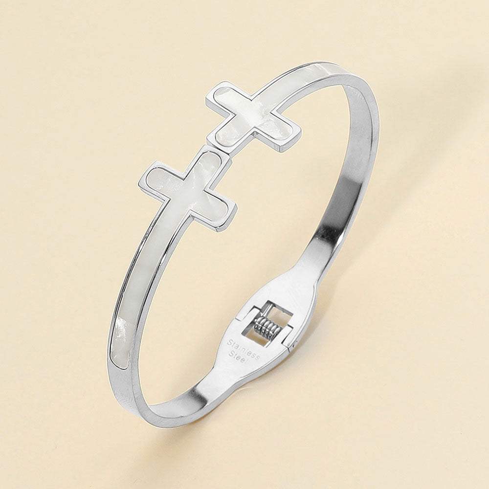 Stainless Steel Mother of Pearl Double Cross Tip Hinged Bangle Bracelet - Madeline Love - Flyclothing LLC