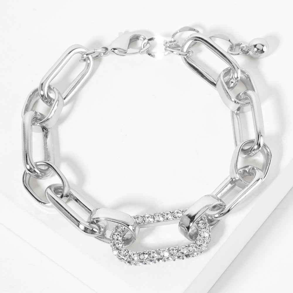 White Gold Dipped CZ Stone Paved Oval Ring Pointed Link Chain Bracelet - Madeline Love - Flyclothing LLC