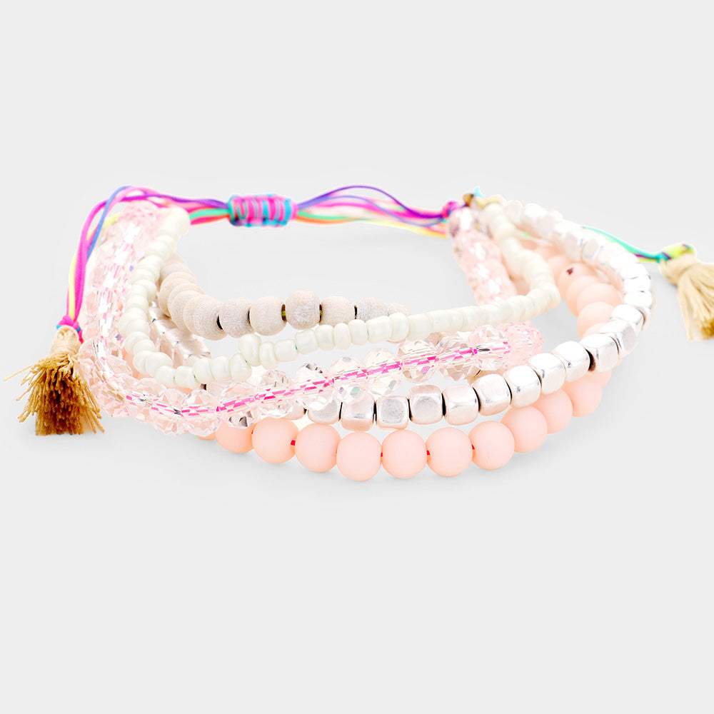 Wood Metal Beaded Tassel Multi Strand Adjustable Cinch Pull Tie Bracelet - Madeline Love - Flyclothing LLC