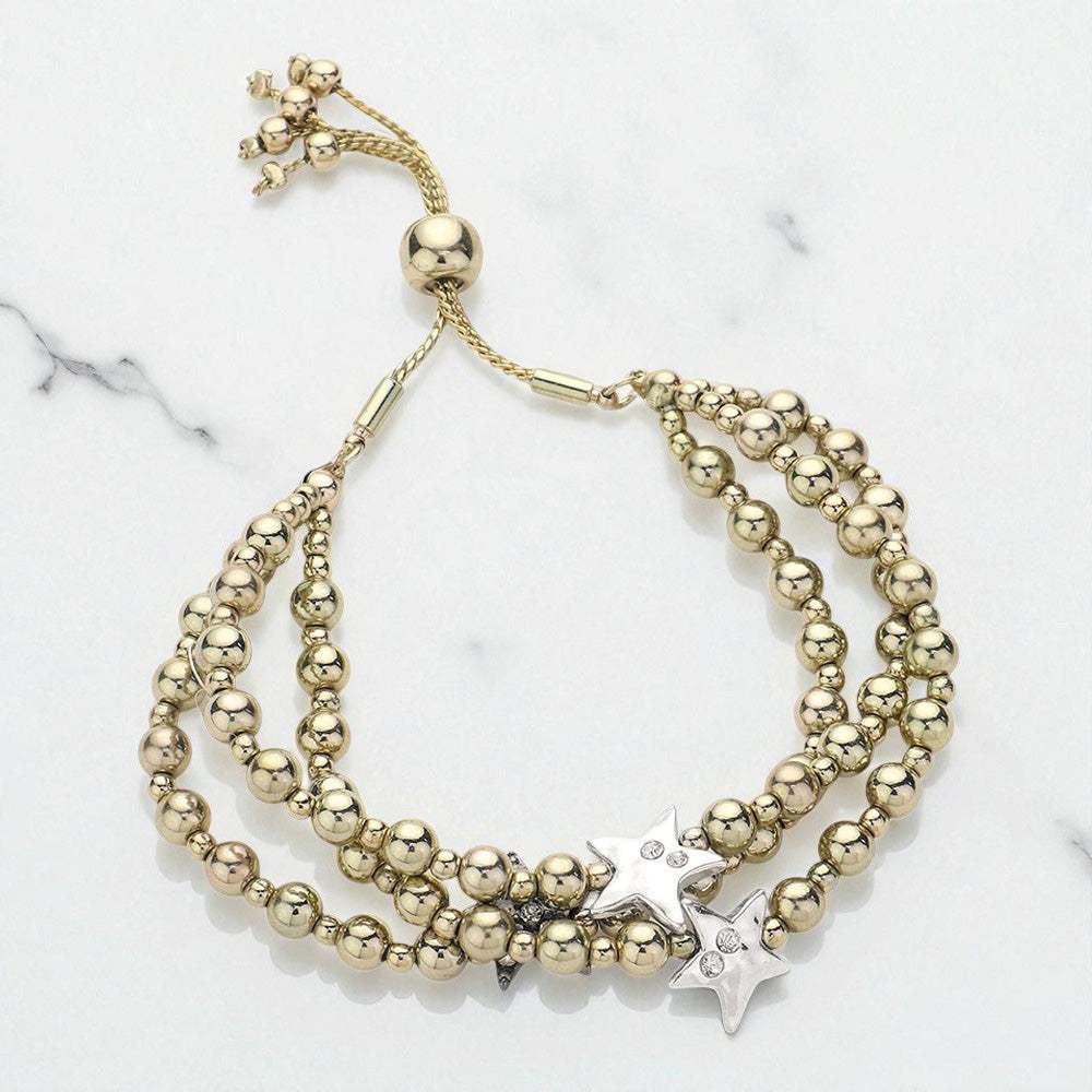 Stone Paved Star Pointed Beaded Triple Layered Pull Tie Cinch Bracelet - Madeline Love - Flyclothing LLC