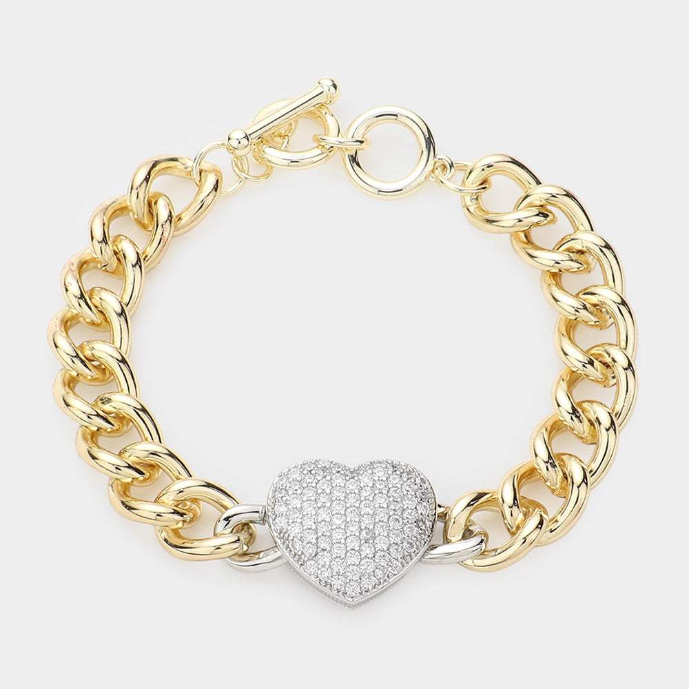 CZ Stone Paved Heart Pendant Accented Chain Toggle Bracelet - Madeline Love - Flyclothing LLC
