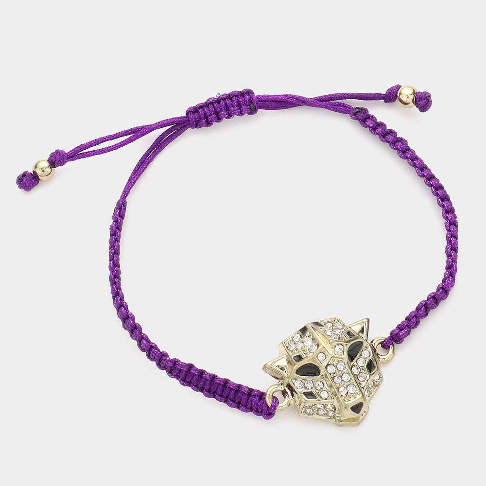 Stone Paved Leopard Panther Head Pointed Thread Adjustable Cinch Pull Tie Bracelet - Madeline Love - Flyclothing LLC