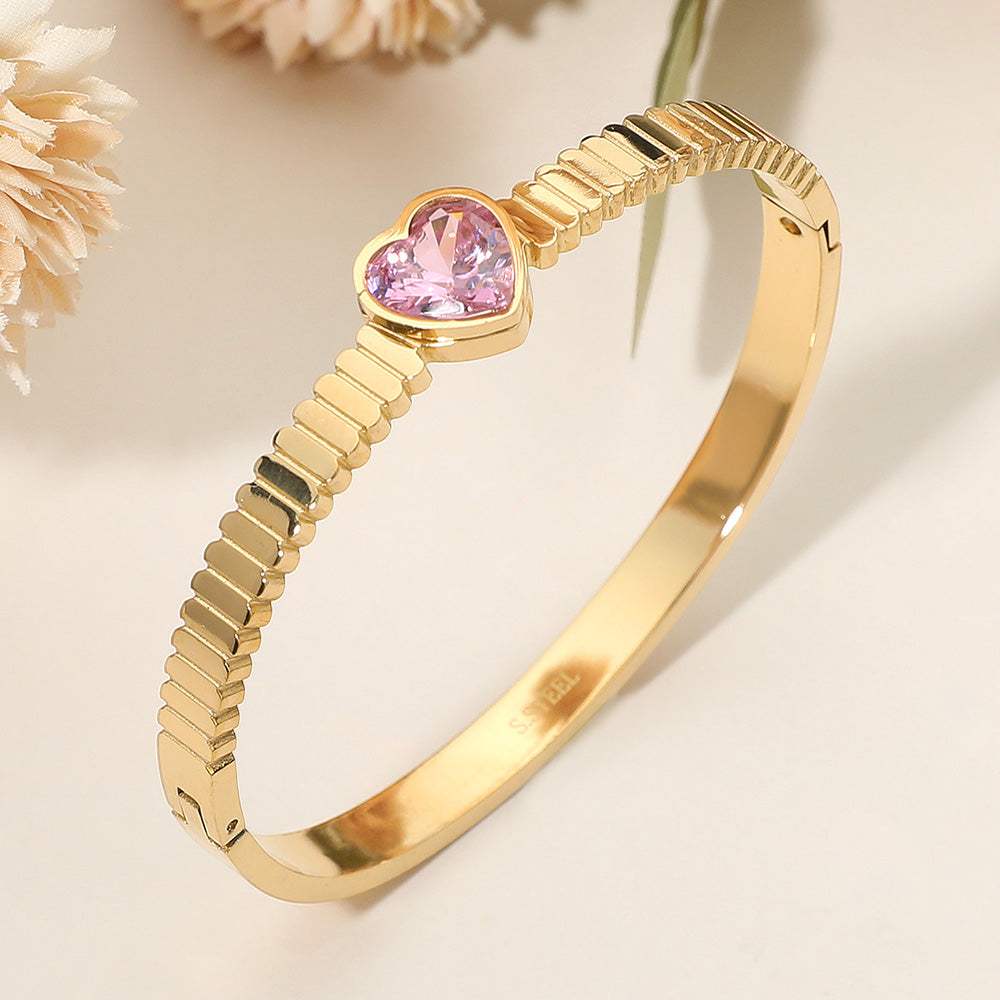 Stainless Steel Heart Stone Accent Hinged Bangle Bracelet - Madeline Love - Flyclothing LLC