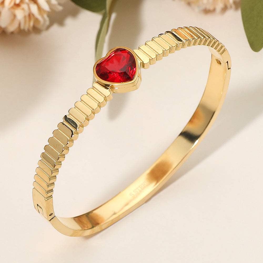 Stainless Steel Heart Stone Accent Hinged Bangle Bracelet - Madeline Love - Flyclothing LLC