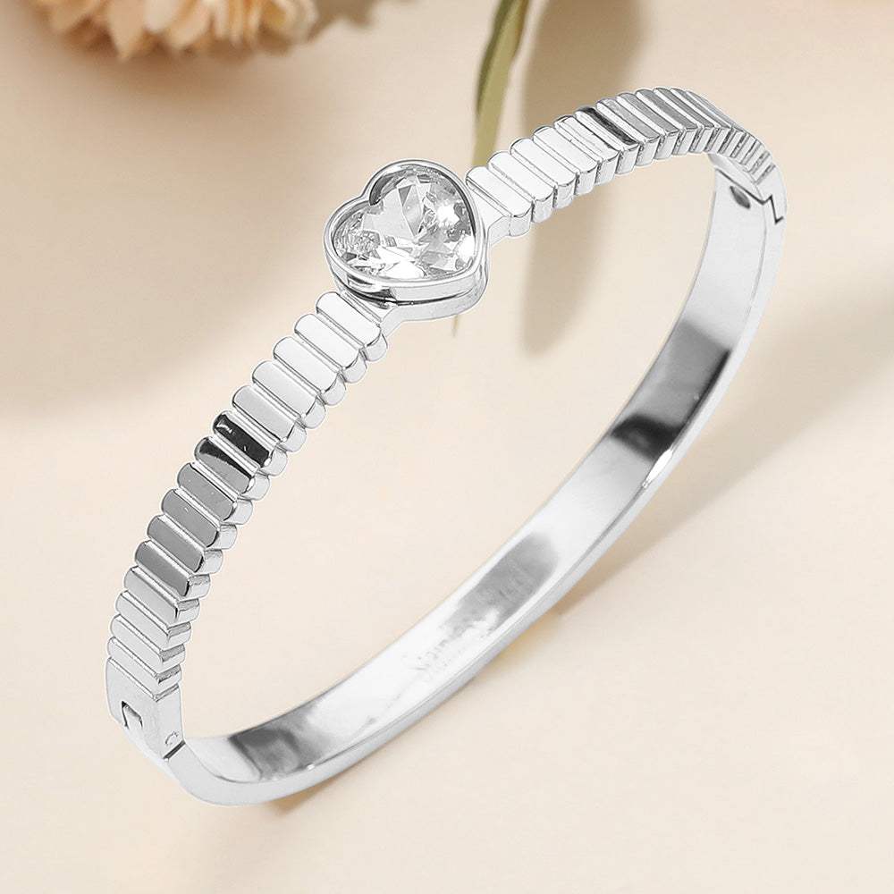 Stainless Steel Heart Stone Accent Hinged Bangle Bracelet - Madeline Love - Flyclothing LLC
