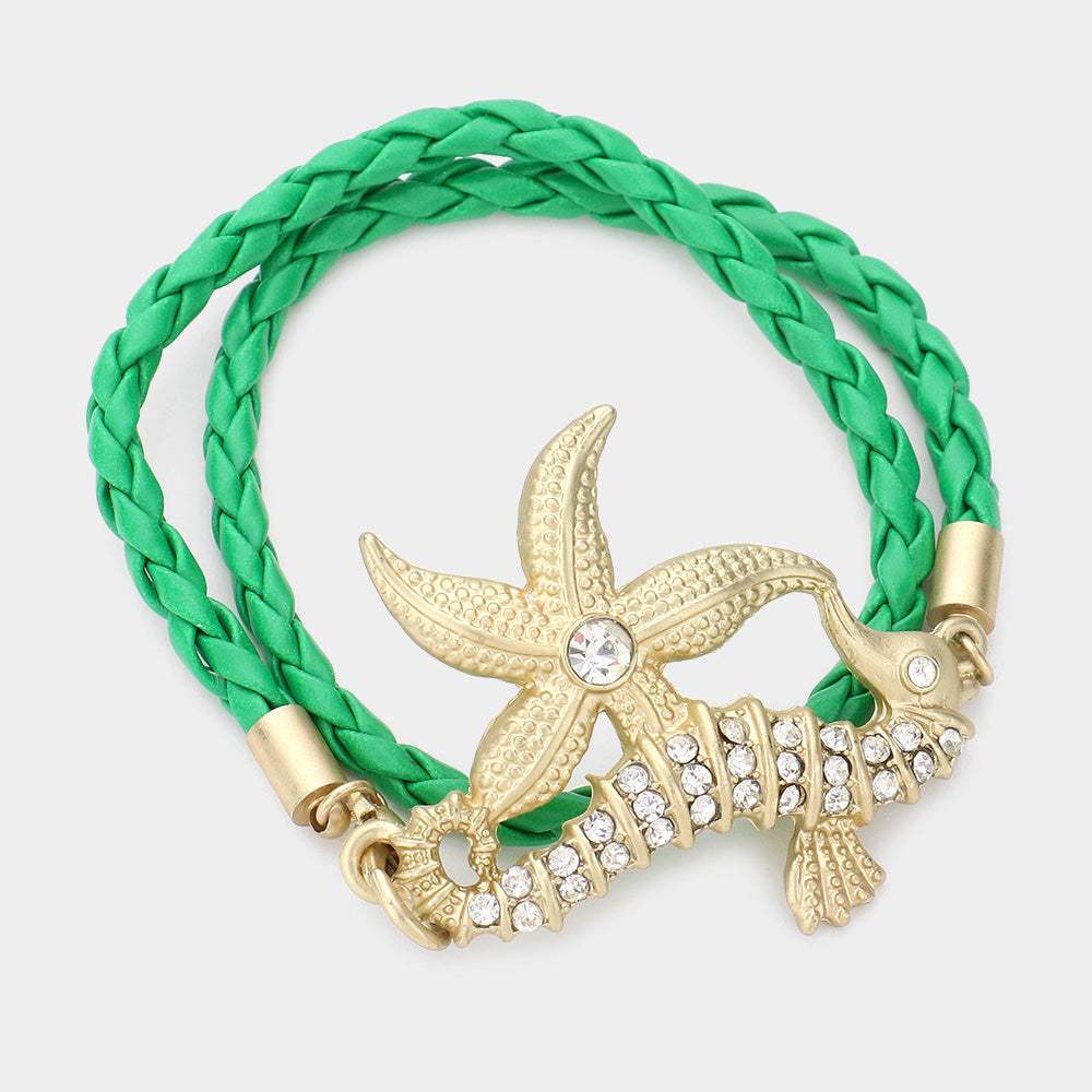 Stone Embellished Starfish Seahorse Braided Faux Leather Wrap Bracelet - Madeline Love - Flyclothing LLC