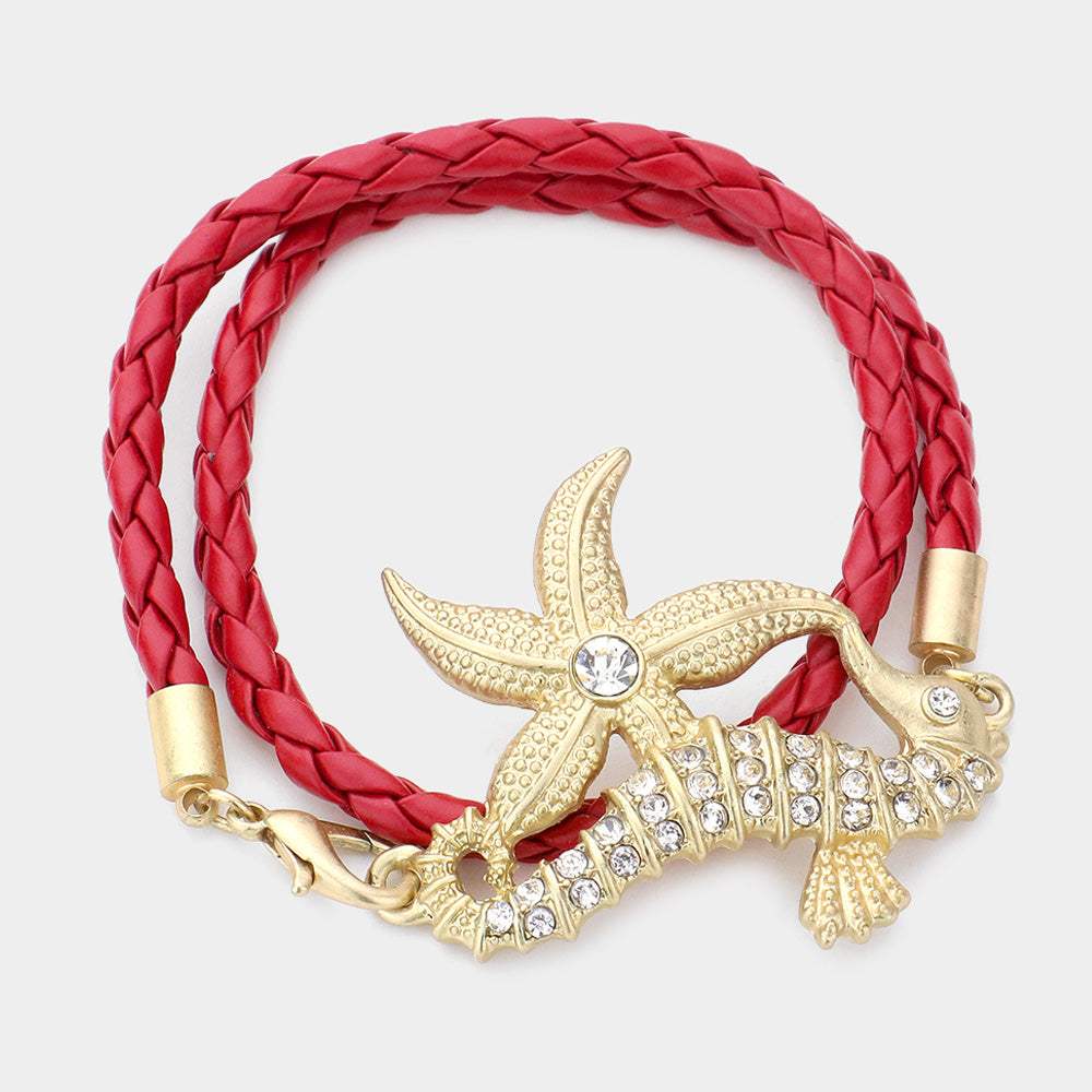 Stone Embellished Starfish Seahorse Braided Faux Leather Wrap Bracelet - Madeline Love - Flyclothing LLC