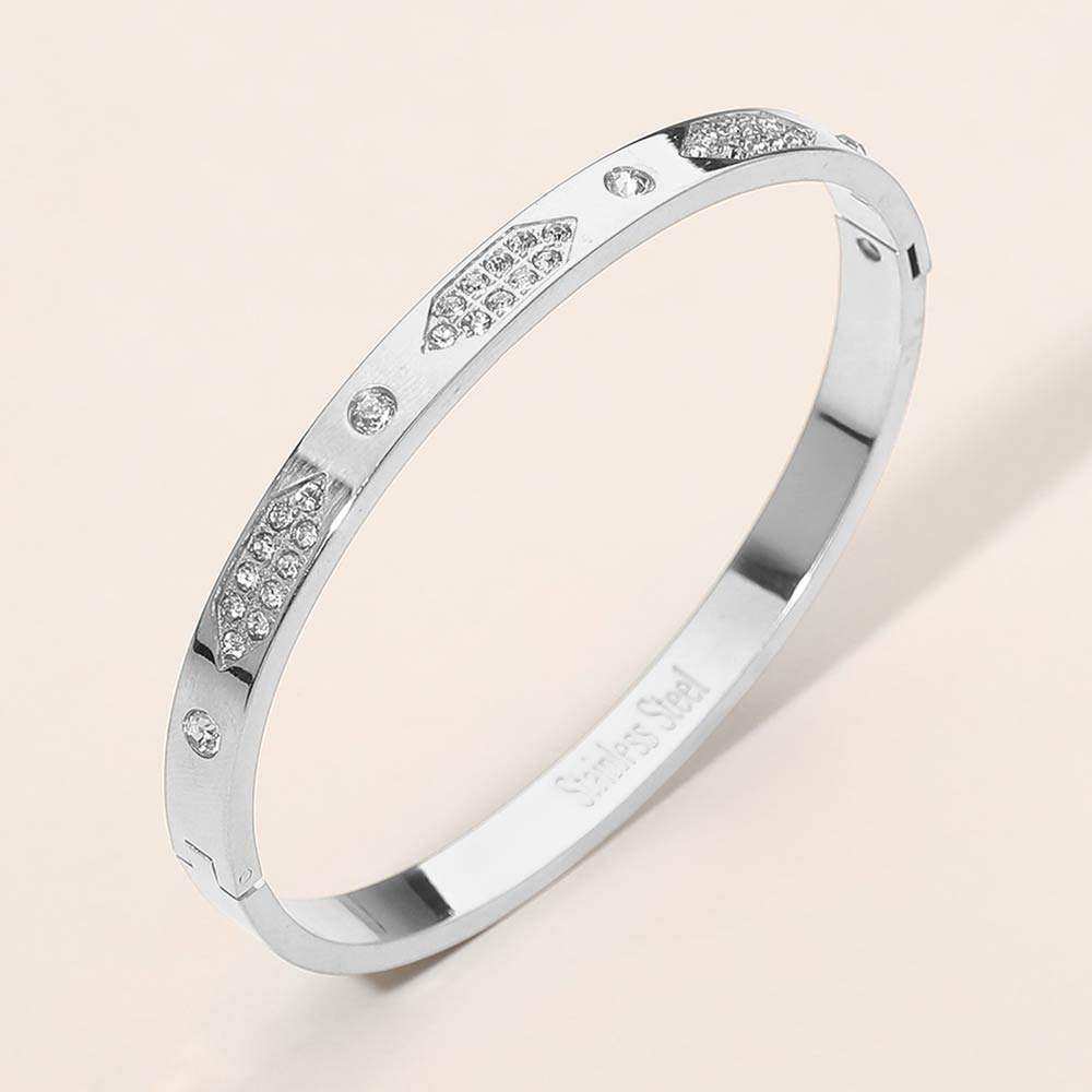 Stainless Steel Geometric CZ Detail Hinged Bangle Bracelet - Madeline Love - Flyclothing LLC