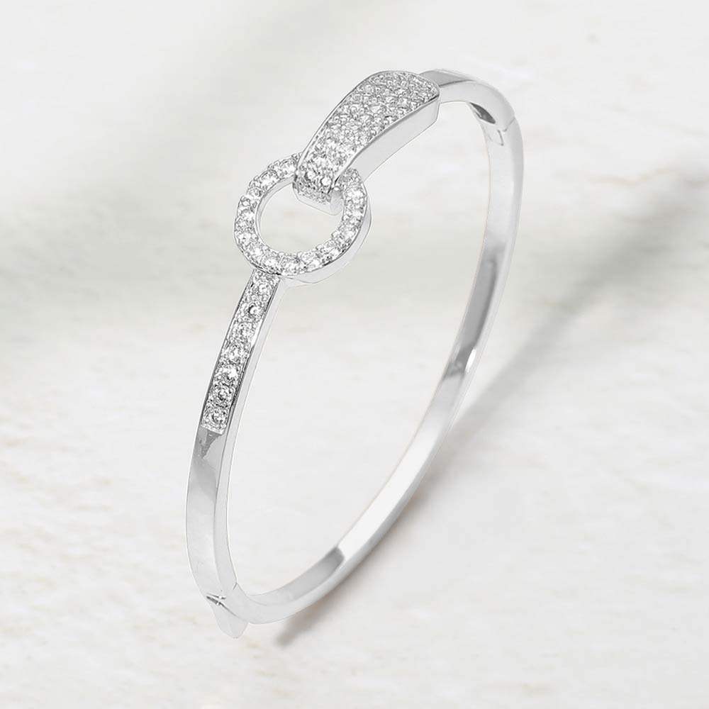 Rhodium Plated CZ Pave Ring Link Hinged Bangle Bracelet - Madeline Love - Flyclothing LLC