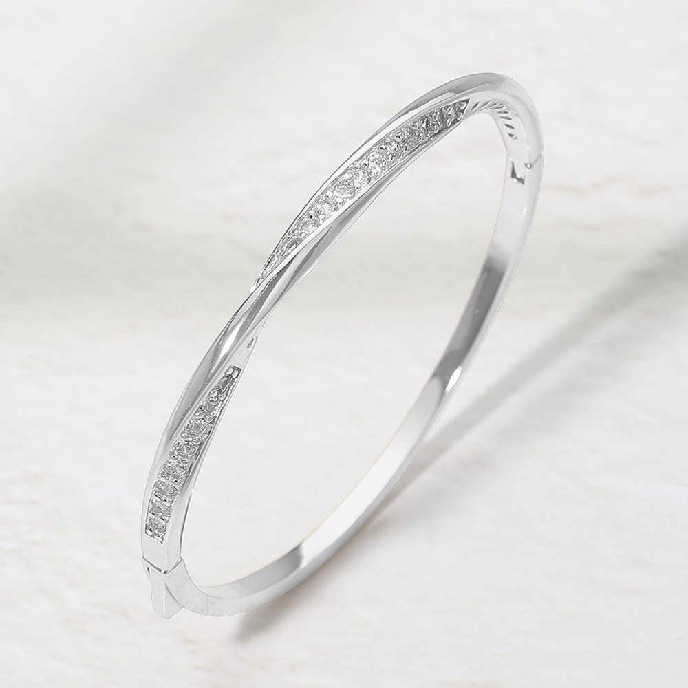 Rhodium Plated CZ Pave Twist Hinged Bangle Bracelet - Madeline Love - Flyclothing LLC