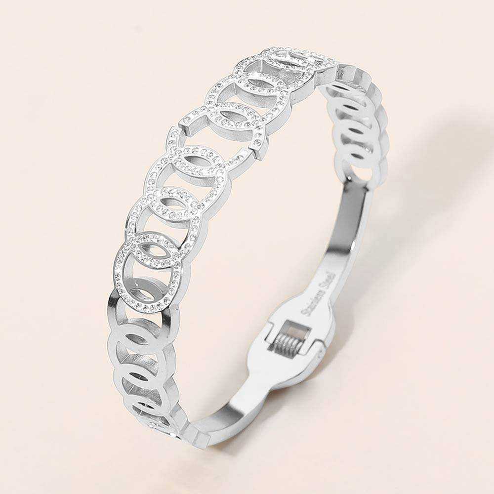 Stainless Steel CZ Pave Circle Link Hinged Bangle Bracelet - Madeline Love - Flyclothing LLC