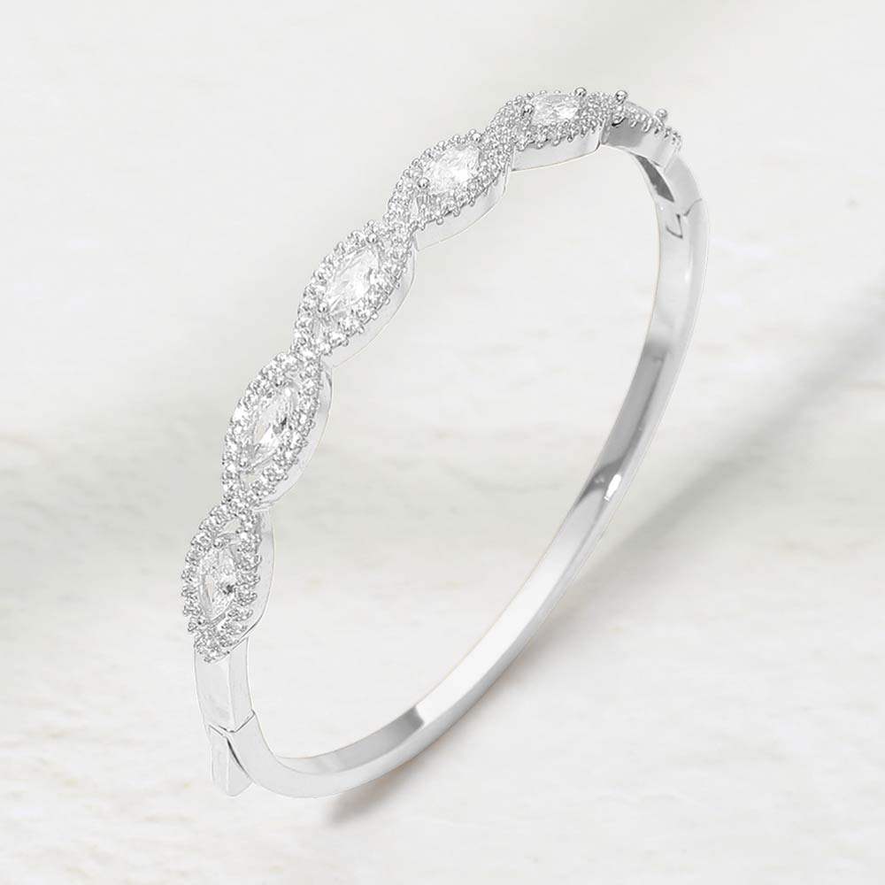 Rhodium Plated Marquise CZ Stone Cluster Around Hinged Bangle Bracelet - Madeline Love - Flyclothing LLC