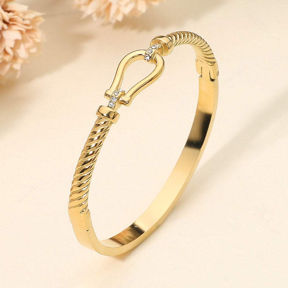 SECRET BOX_Stainless Steel Horsebit Buckle Accent Twisted Hinged Bangle Bracelet - Madeline Love - Flyclothing LLC