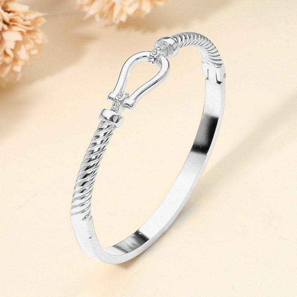 SECRET BOX_Stainless Steel Horsebit Buckle Accent Twisted Hinged Bangle Bracelet - Madeline Love - Flyclothing LLC