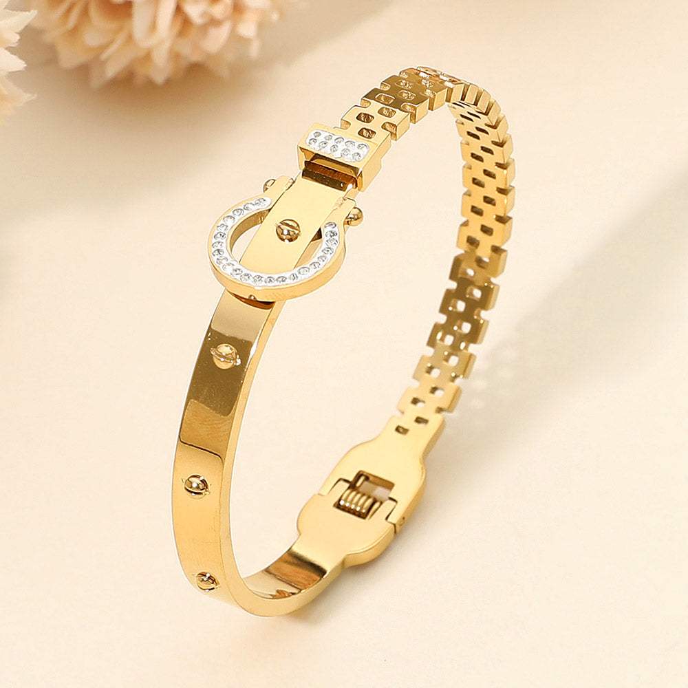 SECRET BOX_Stainless Steel Stone Paved Horseshoe Buckle Accent Hinged Bangle Bracelet - Madeline Love - Flyclothing LLC