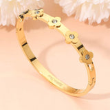 Stainless Steel CZ Stone Accent Quatrefoil Motif Hinged Bangle Bracelet - Madeline Love - Flyclothing LLC