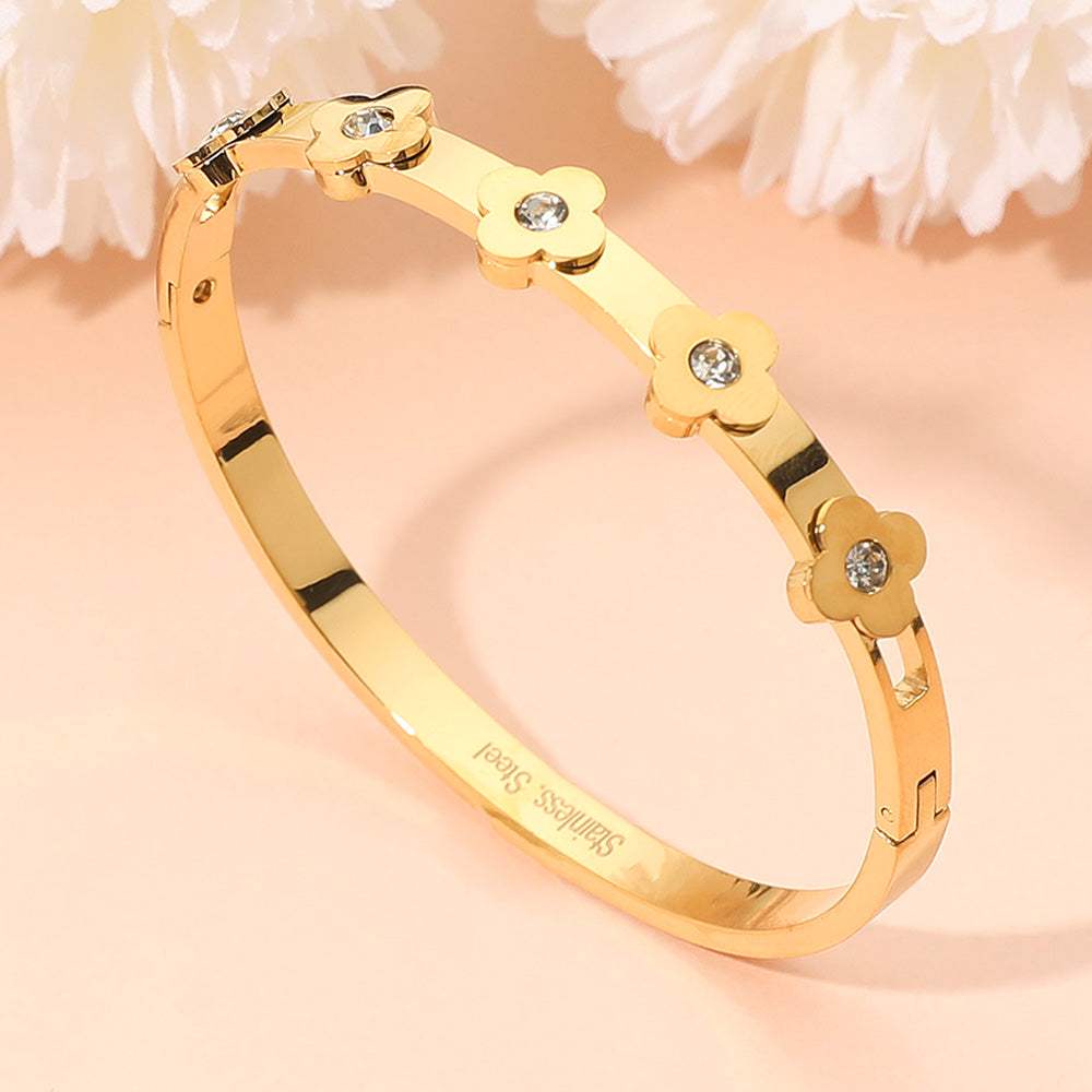 Stainless Steel CZ Stone Accent Quatrefoil Motif Hinged Bangle Bracelet - Madeline Love - Flyclothing LLC