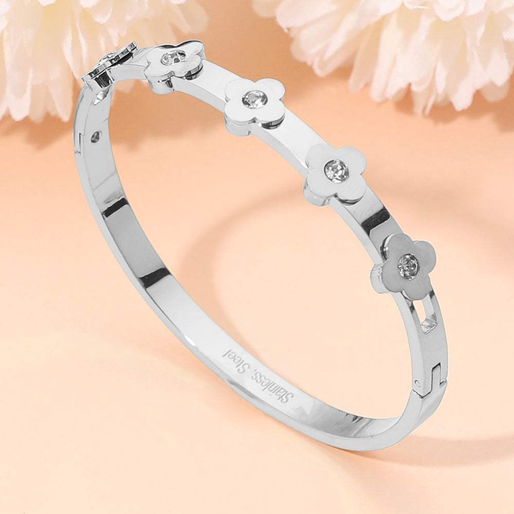 Stainless Steel CZ Stone Accent Quatrefoil Motif Hinged Bangle Bracelet - Madeline Love - Flyclothing LLC