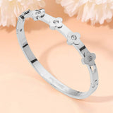 Stainless Steel CZ Stone Accent Quatrefoil Motif Hinged Bangle Bracelet - Madeline Love - Flyclothing LLC
