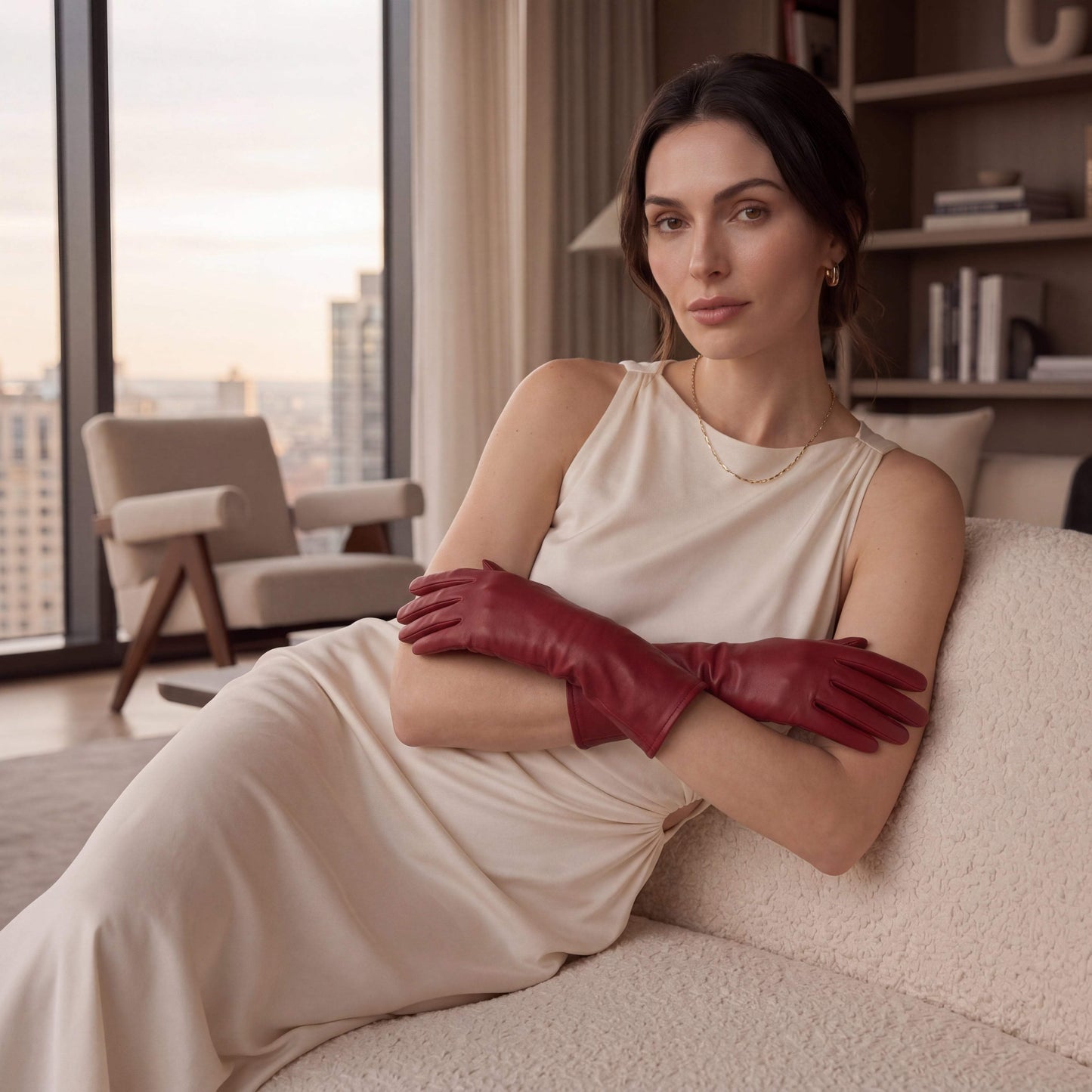 Leonora (deep red) - Italian cashmere lined 6-button length leather gloves