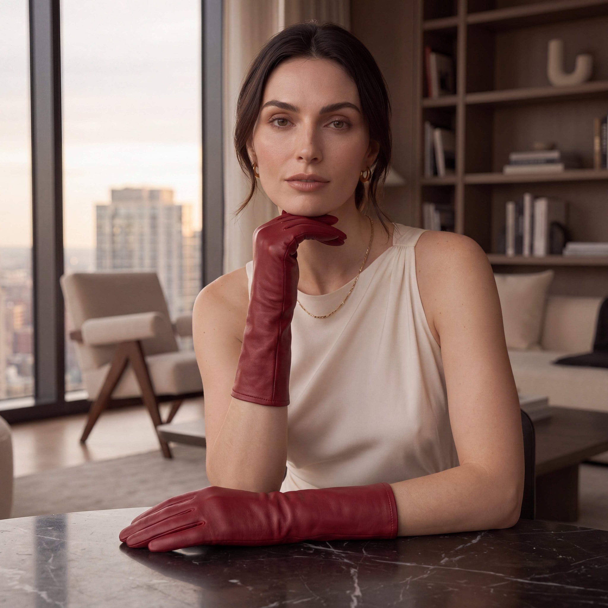 Leonora (deep red) - Italian cashmere lined 6-button length leather gloves