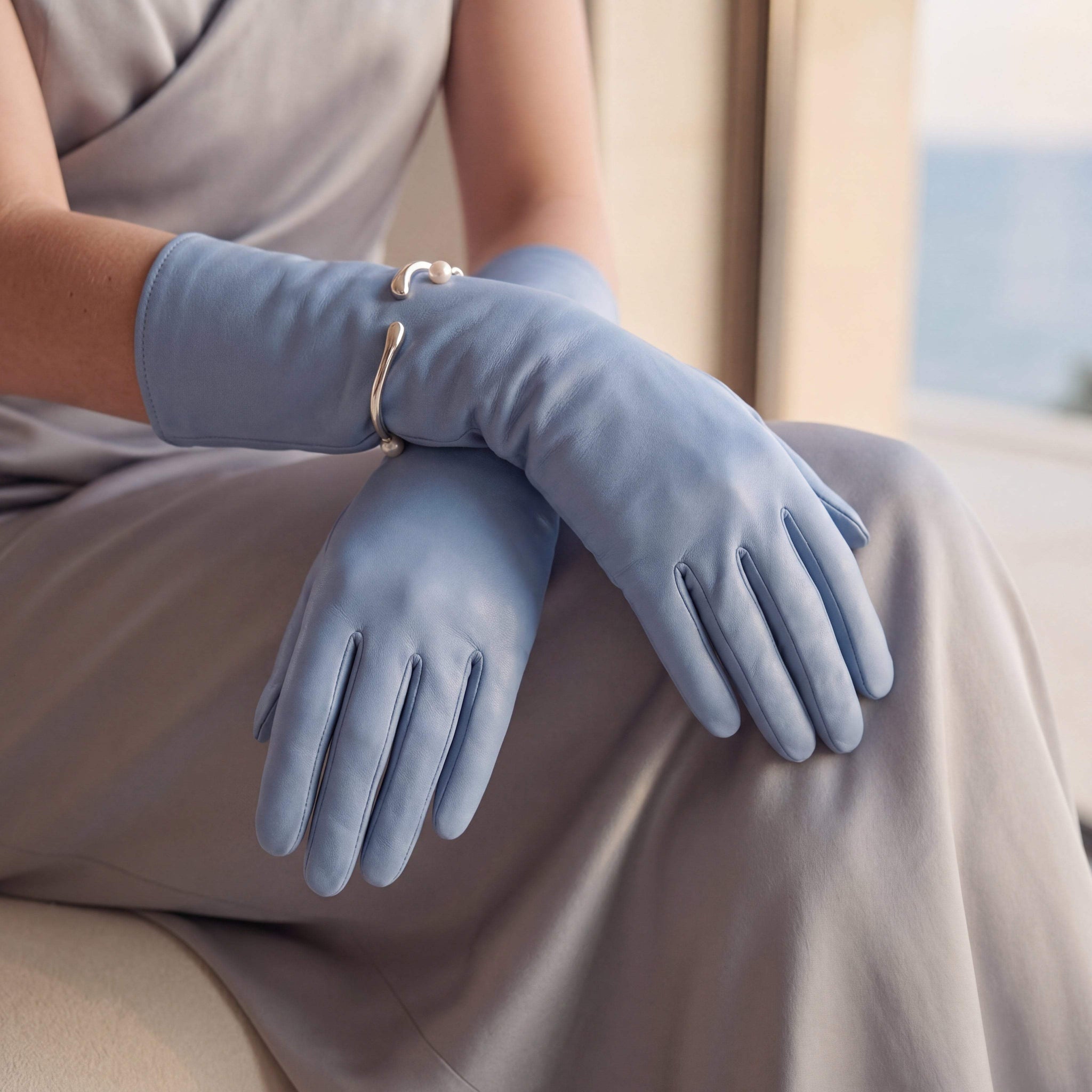Leonora (sky) - Italian cashmere lined 6-button length leather gloves
