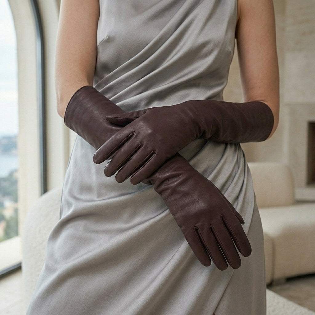 Leonora (dark brown) - Italian "8 button length" cashmere lined leather gloves